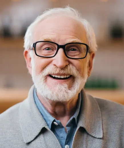 Smiling senior man with glasses wearing a light sweater, representing trusted dental care in Beverly Hills.